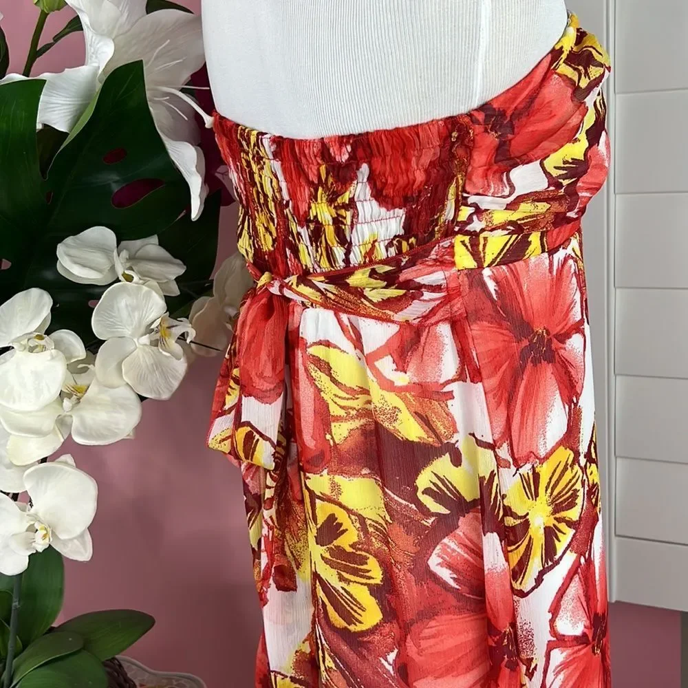 Xhilaration Strapless Tropical Fall Hibiscus Floral Maxi Summer Dress